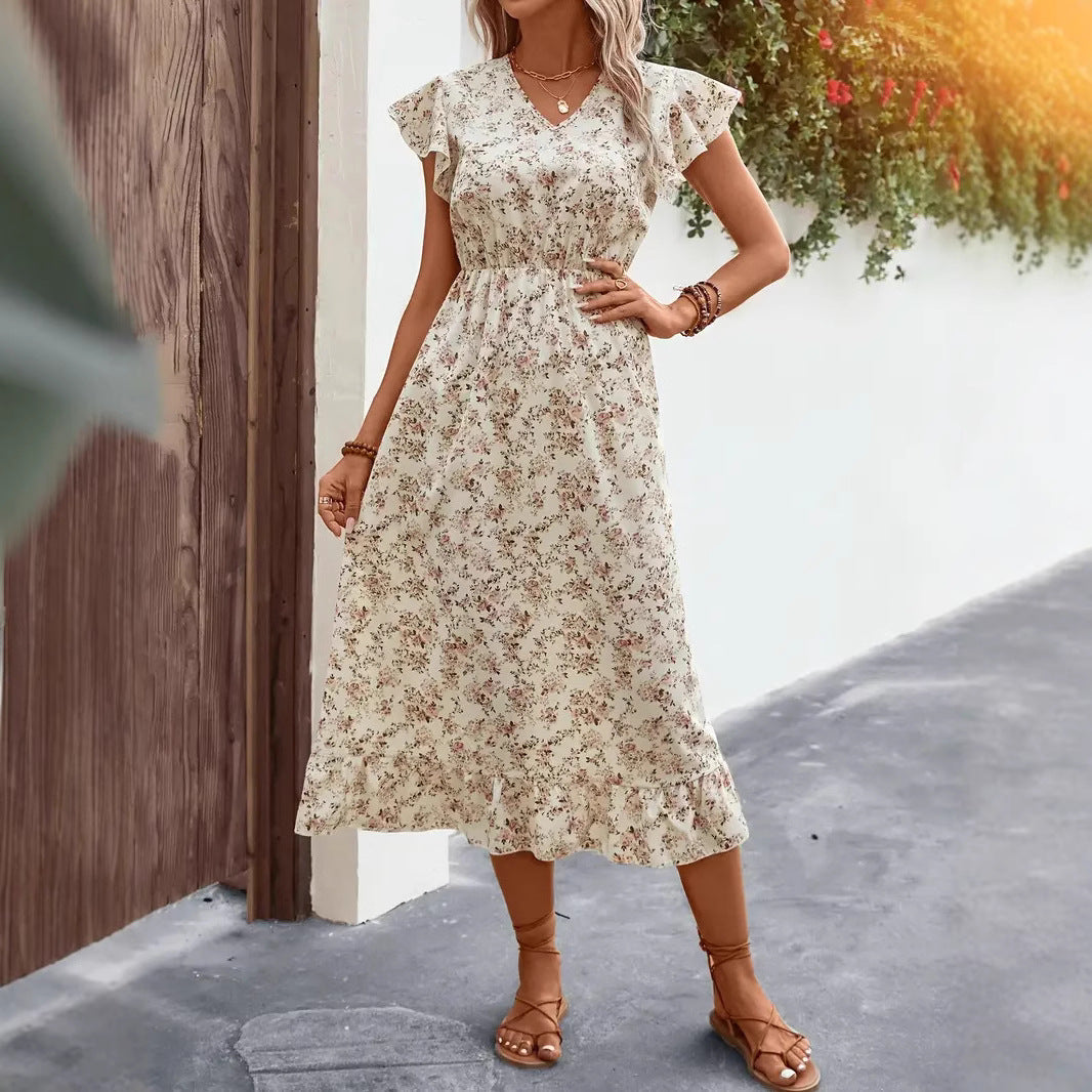 Cotton Blend Relaxed Fit Ruffle Midi Dress