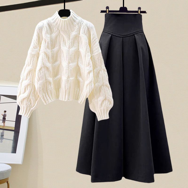 Wool Cable Knit Pleated Two-Piece Set