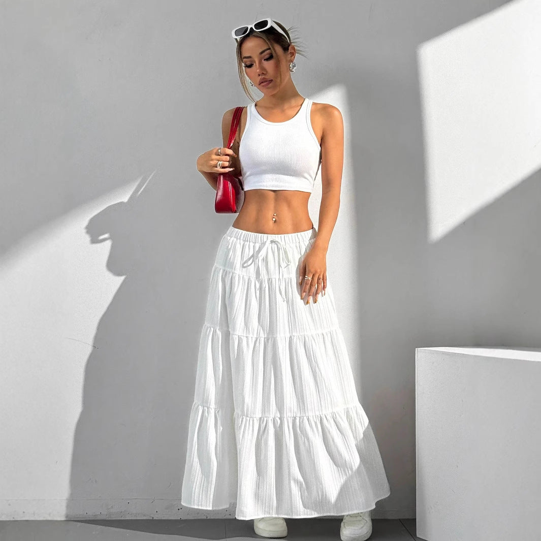 Lightweight Cotton Blend Ruffled Long Skirt