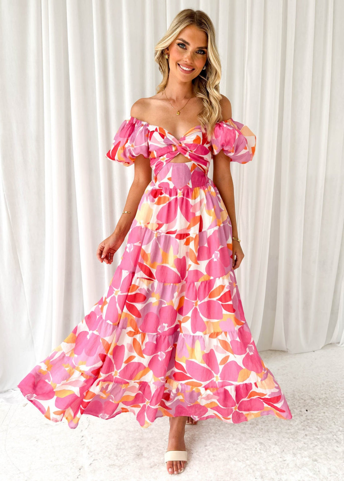 Off-shoulder Puff Sleeve Smocked Maxi Dress