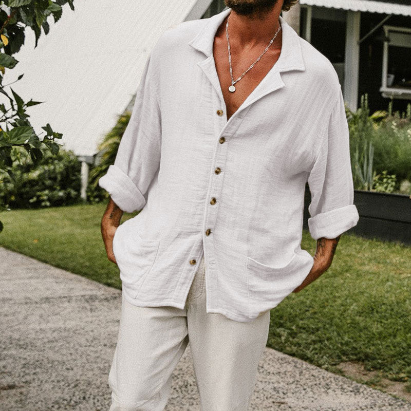 Men's Shirt – Cotton Linen Mix – Relaxed Fit – Long Sleeves – Button Closure