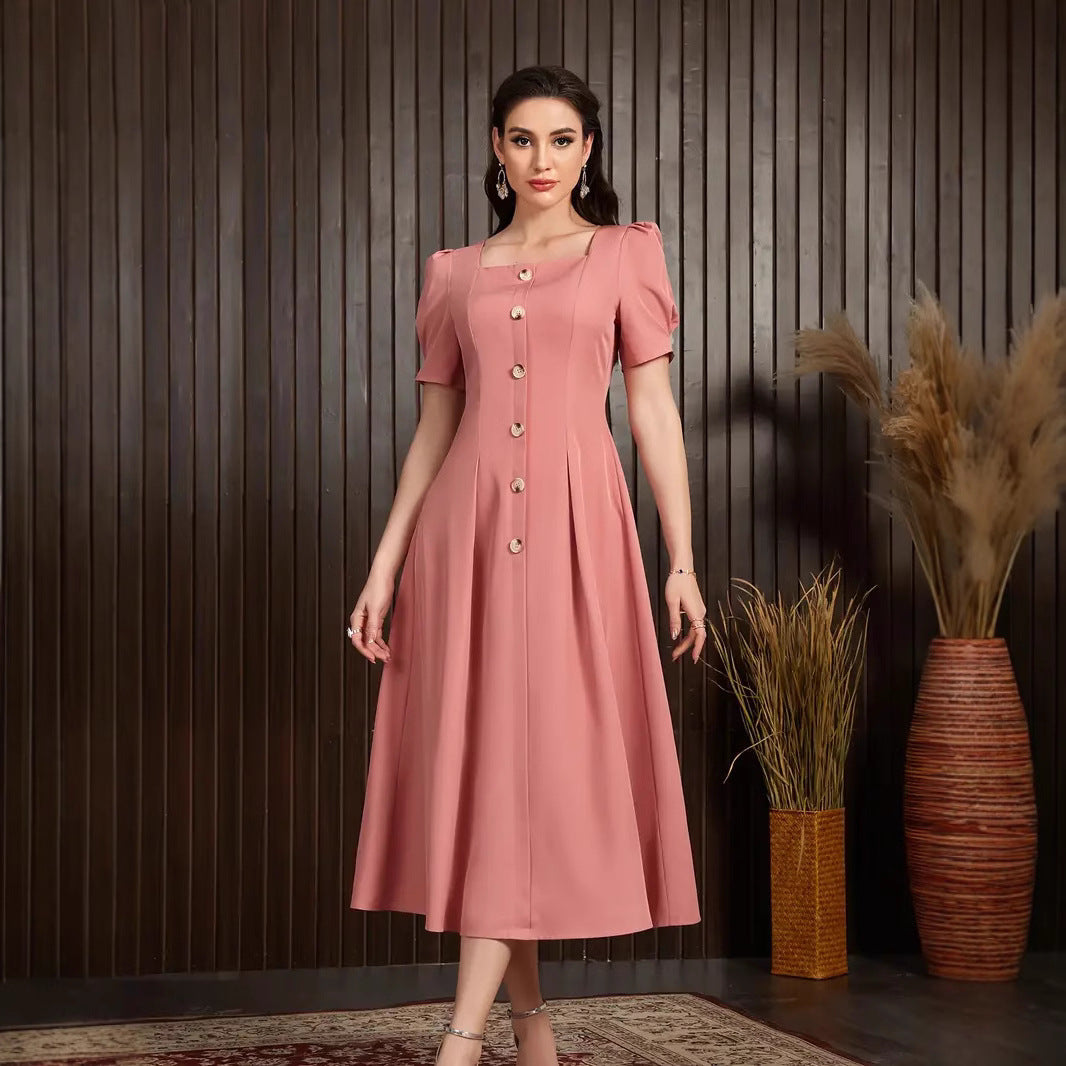 Women's Dress – Knit – Slim Fit – A-Line – Puff Sleeves – Button Closure – Midi