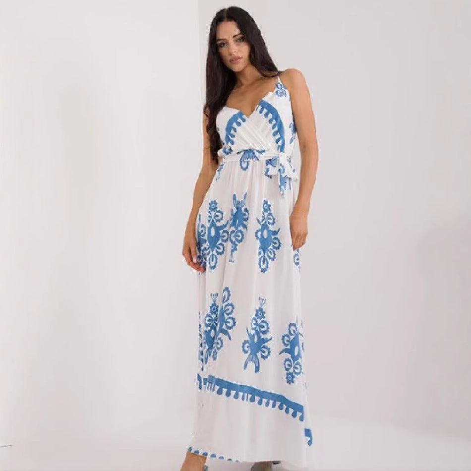Women's Maxi Dress – Light Cotton – Sleeveless – V-Neck – Empire Waist – Printed Design