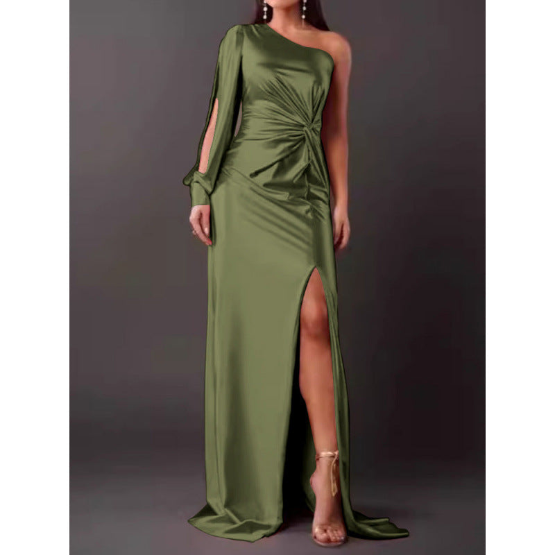 Dress for Women – Maxi Length – Single Shoulder – Satin – Slim Fit – High Slit