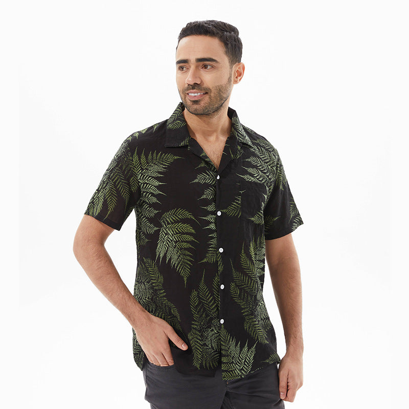 Men's Shirt with Short Sleeves – Relaxed Fit – Leaf Print – Light and Breathable