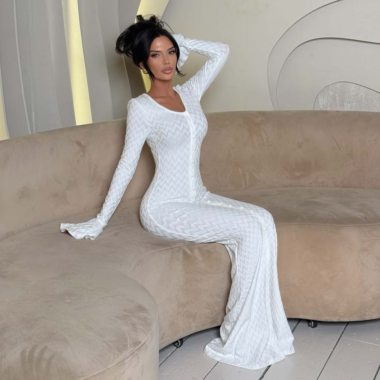 Dress for women – Slim fit evening dress – Wavy pattern – Long sleeves – Full length