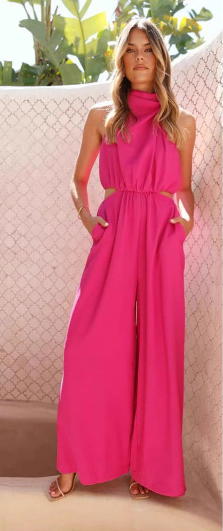 Women's Jumpsuit – Halterneck – Relaxed Fit – Wide Leg – Adjustable Waist – Cutouts