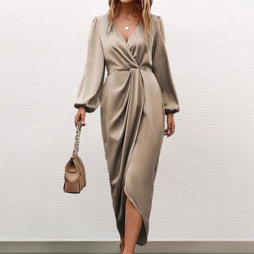 Long-Sleeved V-Neck Ruched Waist Satin Dress