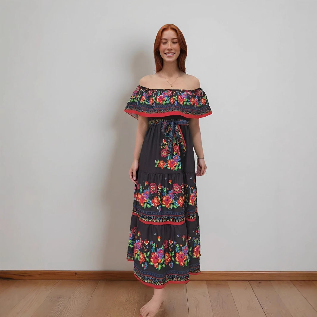 Women's Maxi Dress – Off-Shoulder – Floral Pattern – Ruched Bodice – Tiered Skirt