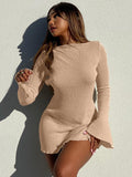 Dress for women – Mini – Slim fit – Open back – Ribbed – Long sleeves with ruffle edges
