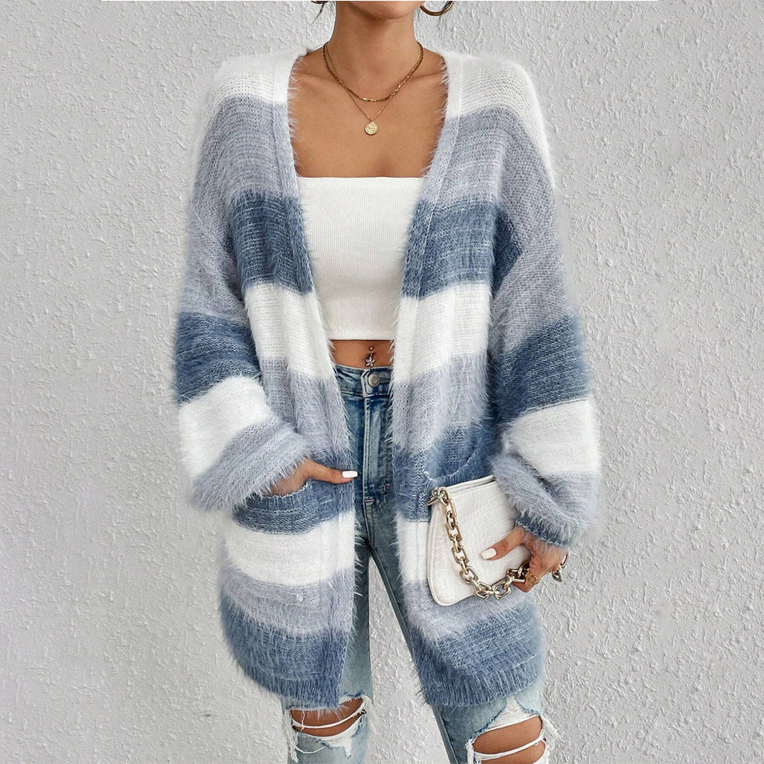 Soft Fuzzy Striped Oversize Cardigan