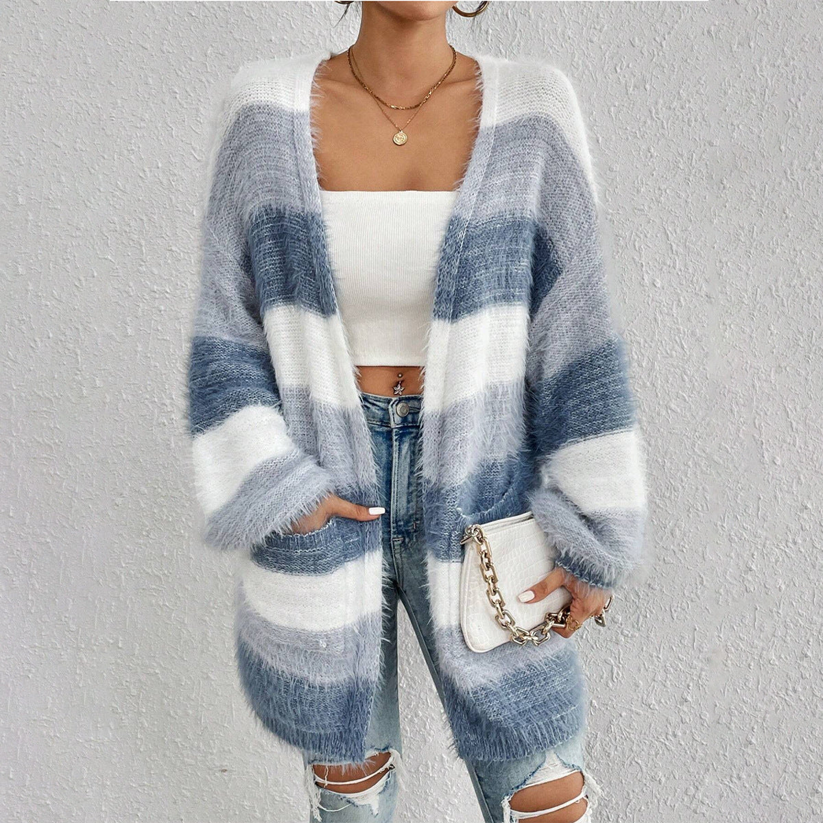 Women's Cardigan – Oversize Fit – Soft Fuzzy Knit – Long Sleeves Open Front – Striped