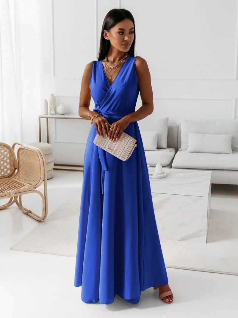 Women's Maxi Dress - Sleeveless V-neck - Wrap Design with Belt - Elegant and Flowy