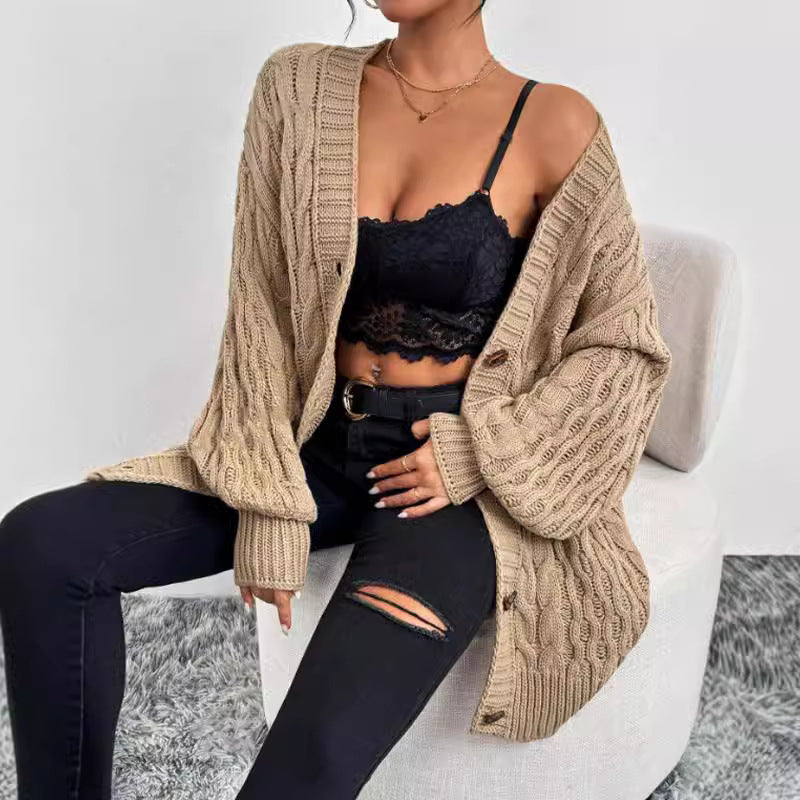 Women's Cardigan – Knit – Oversized Fit – V-neck – Button Closure – Long Sleeves