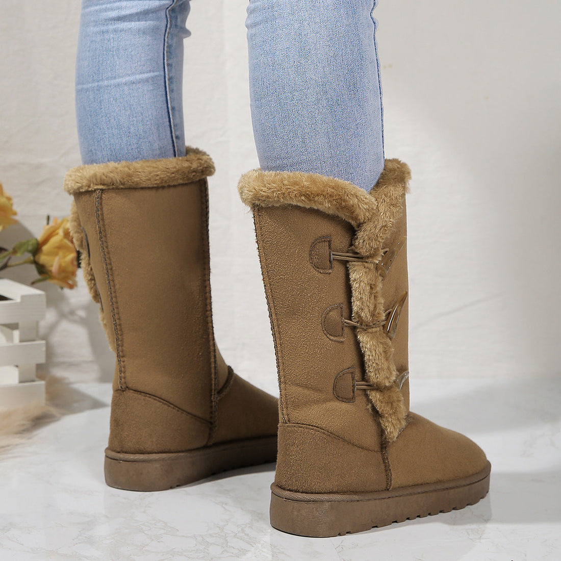 Faux Suede Faux Fur Trim Mid-Calf Boots