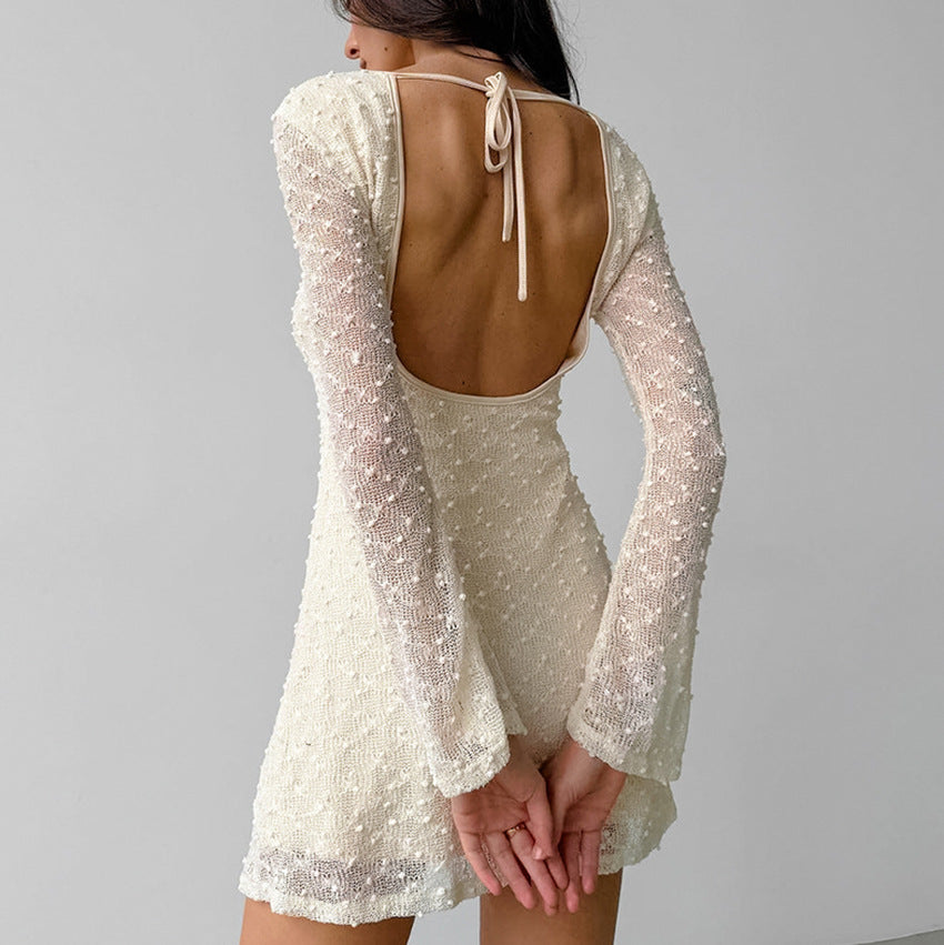 Women's Mini Dress – Jacquard – Slim Fit – Long Sleeves – Round Neck – Elegant Look