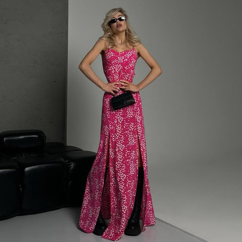 Women's Maxi Dress – Slim Fit – Spaghetti Straps – High Slit – Floral Pattern