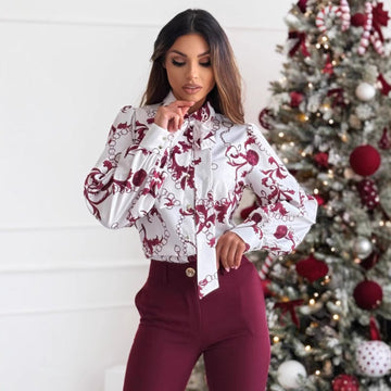 Long Sleeve Slim Fit Patterned Bow Collar Shirt