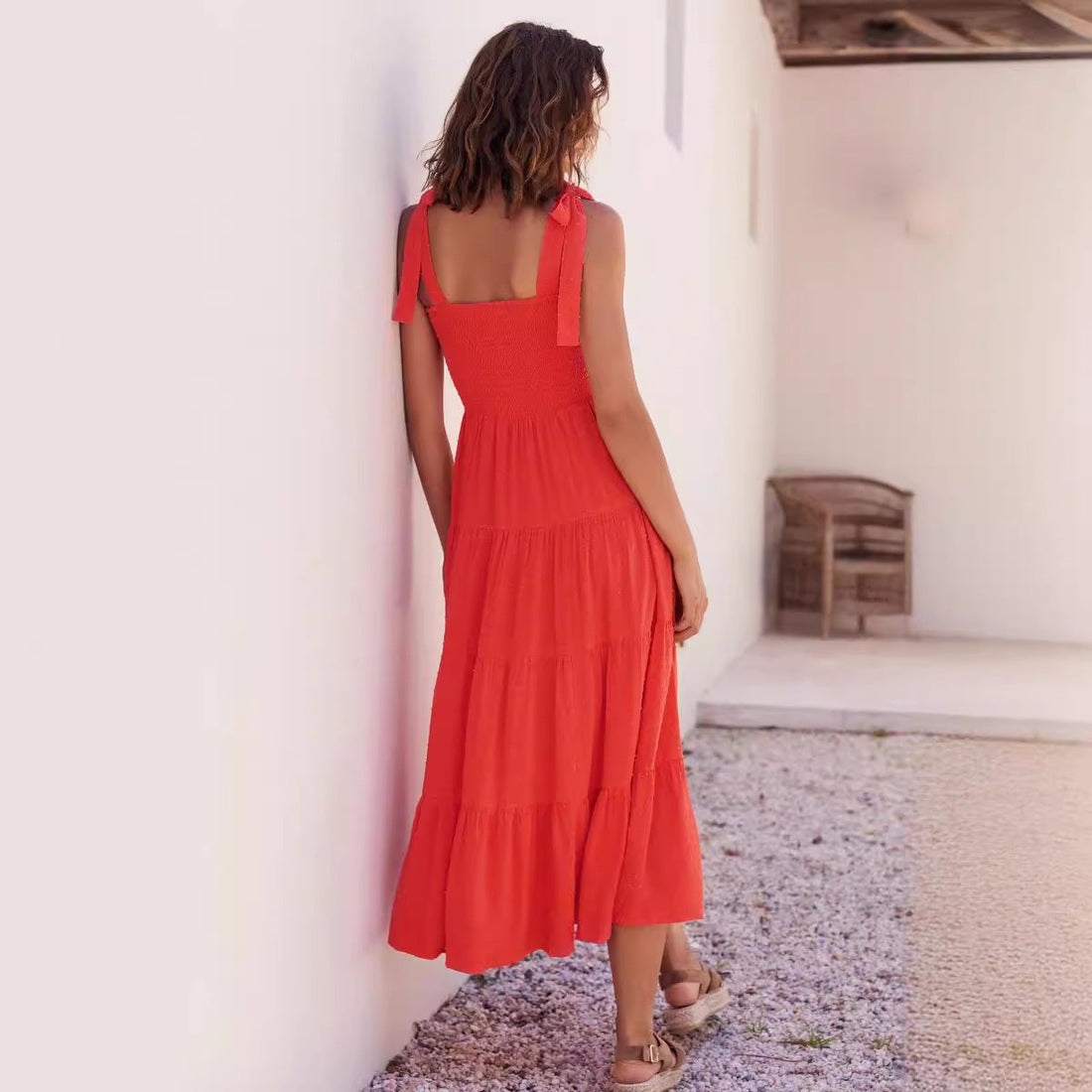 Cotton Blend Smocked Tiered Midi Dress