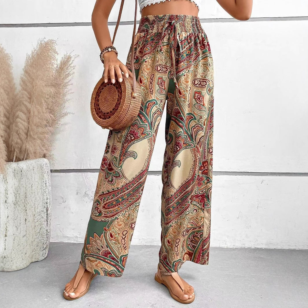 Women's Pants – Wide Leg – Elastic Waist – Breathable Lightweight Material – Bohemian Print