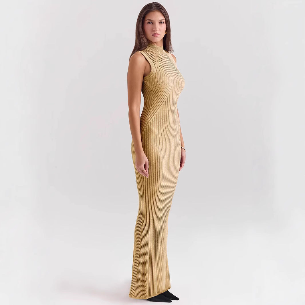 Dress for women – Ribbed knit – Slim fit – Sleeveless – Turtleneck – Mermaid hem