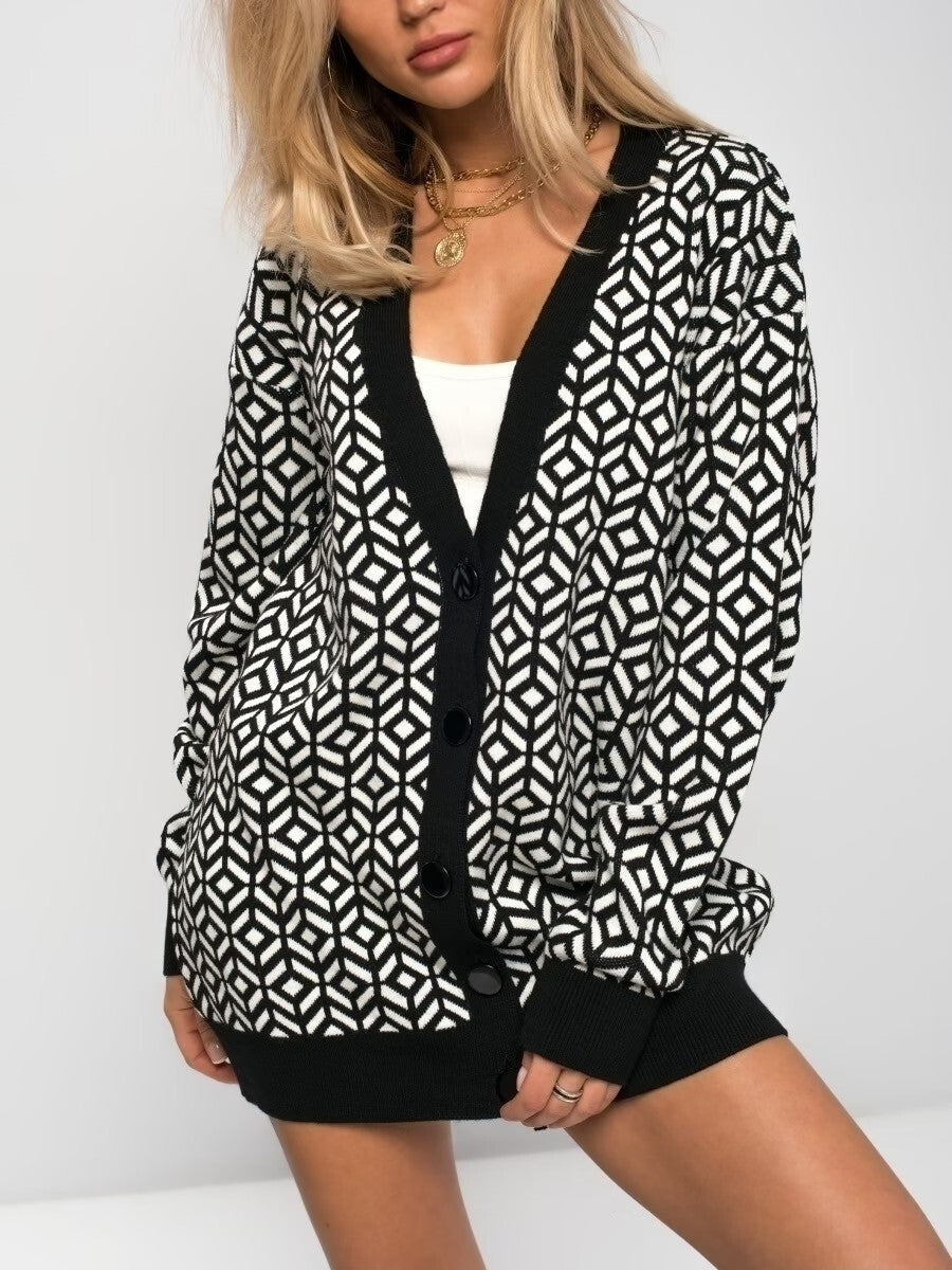 Wool Blend Geometric Knit Oversized Cardigan
