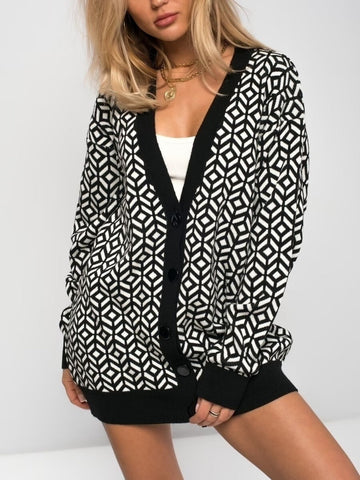 Wool Blend Geometric Knit Oversized Cardigan