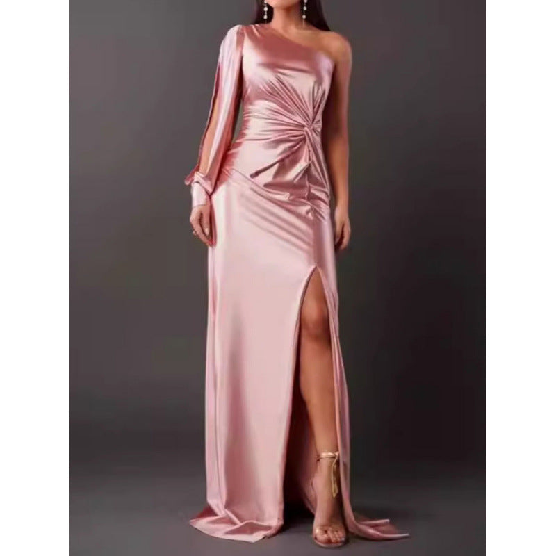 Dress for Women – Maxi Length – Single Shoulder – Satin – Slim Fit – High Slit