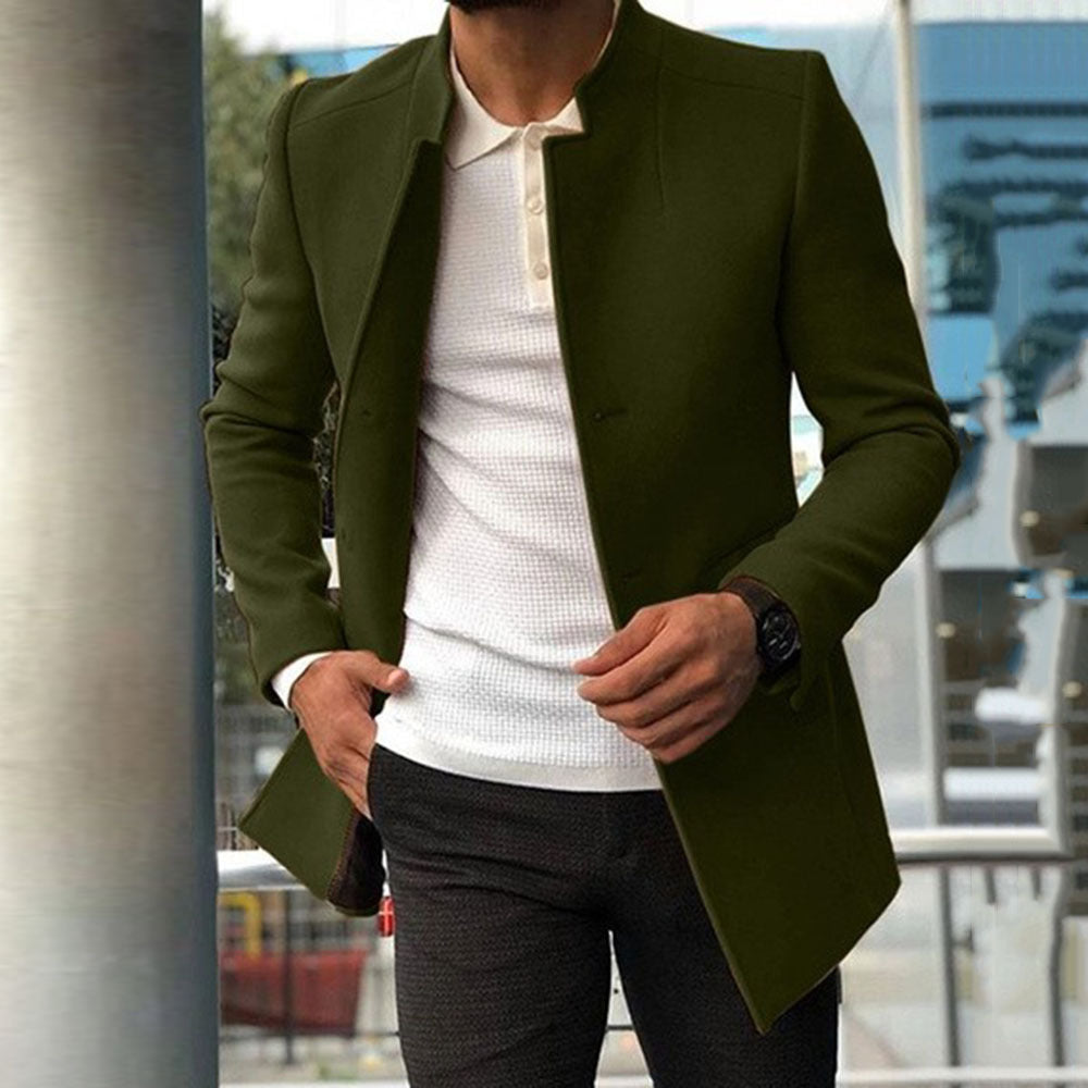 Wool Blend Slim Fit Stand Collar Overcoat