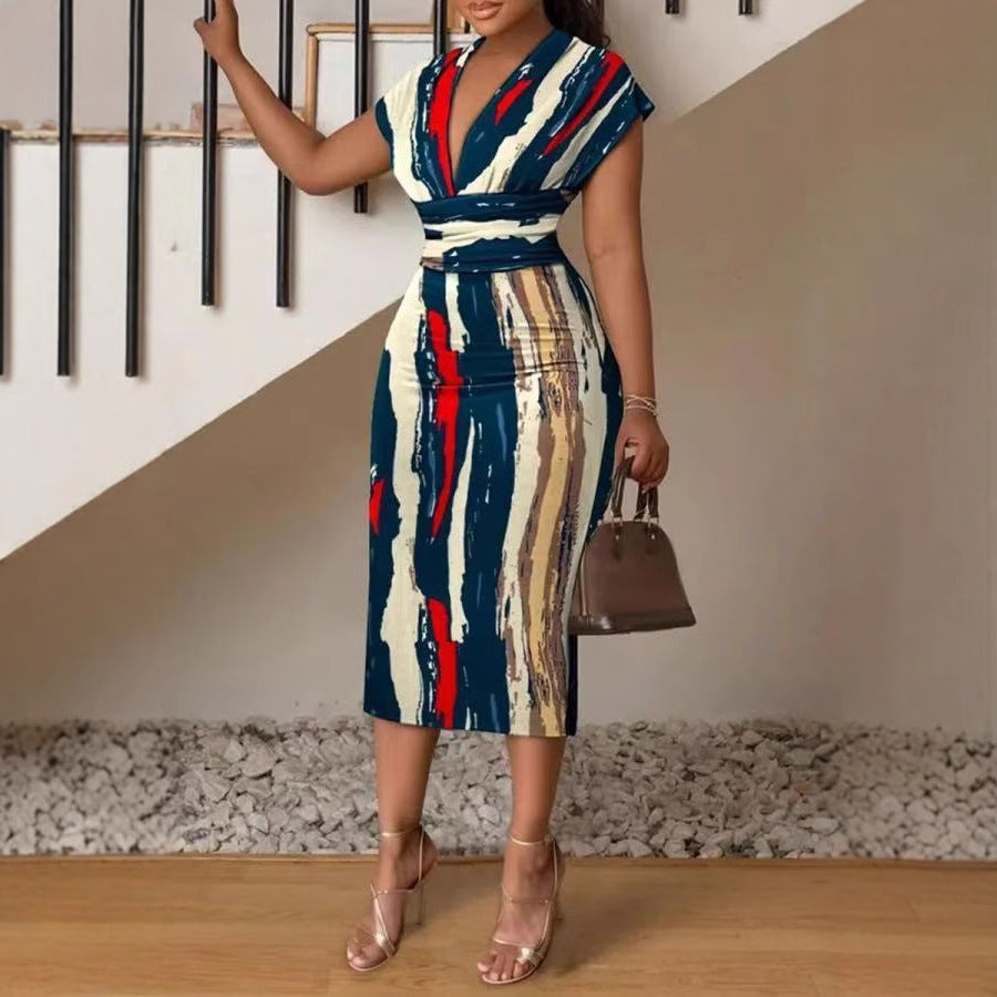 Women's Midi Dress – Slim Fit Bodycon – Patchwork Denim Look – V-Neck with Short Sleeves