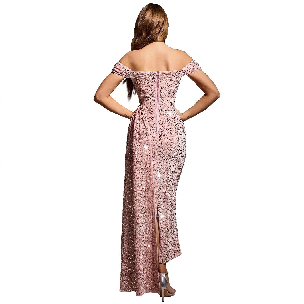 Dress for Women – Evening Dress in Sequin Fabric – Full Length – Off-Shoulder – Sleeveless