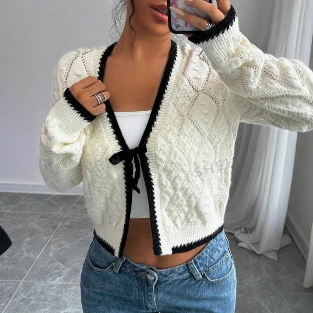 Women's Cardigan – Knit – Cropped Fit – Long Sleeves – Bow Closure – Casual