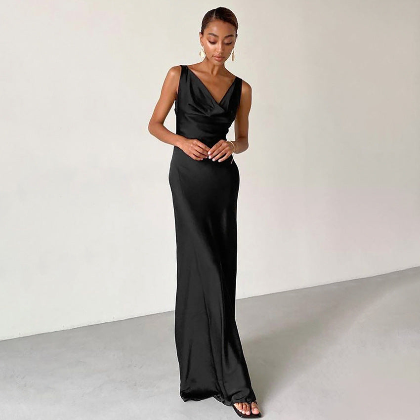 Women's Evening Dress – Satin – Slim Fit – Draped Neckline – Spaghetti Straps – Floor Length