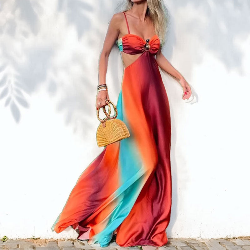 Women's Maxi Dress – Light and Breathable – Flowy Fit – Spaghetti Straps – Ring Detail