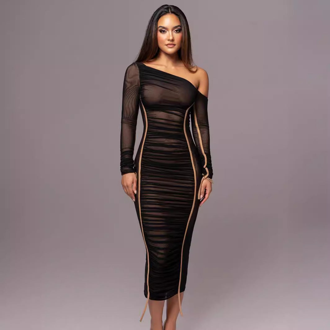 Women's Bodycon Dress – Asymmetric One Shoulder – Long Sleeve – Tailored Elegance