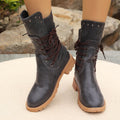 Women's Boots in Mid Length – Faux Leather – Laces – Chunky Heel – Rugged Sole