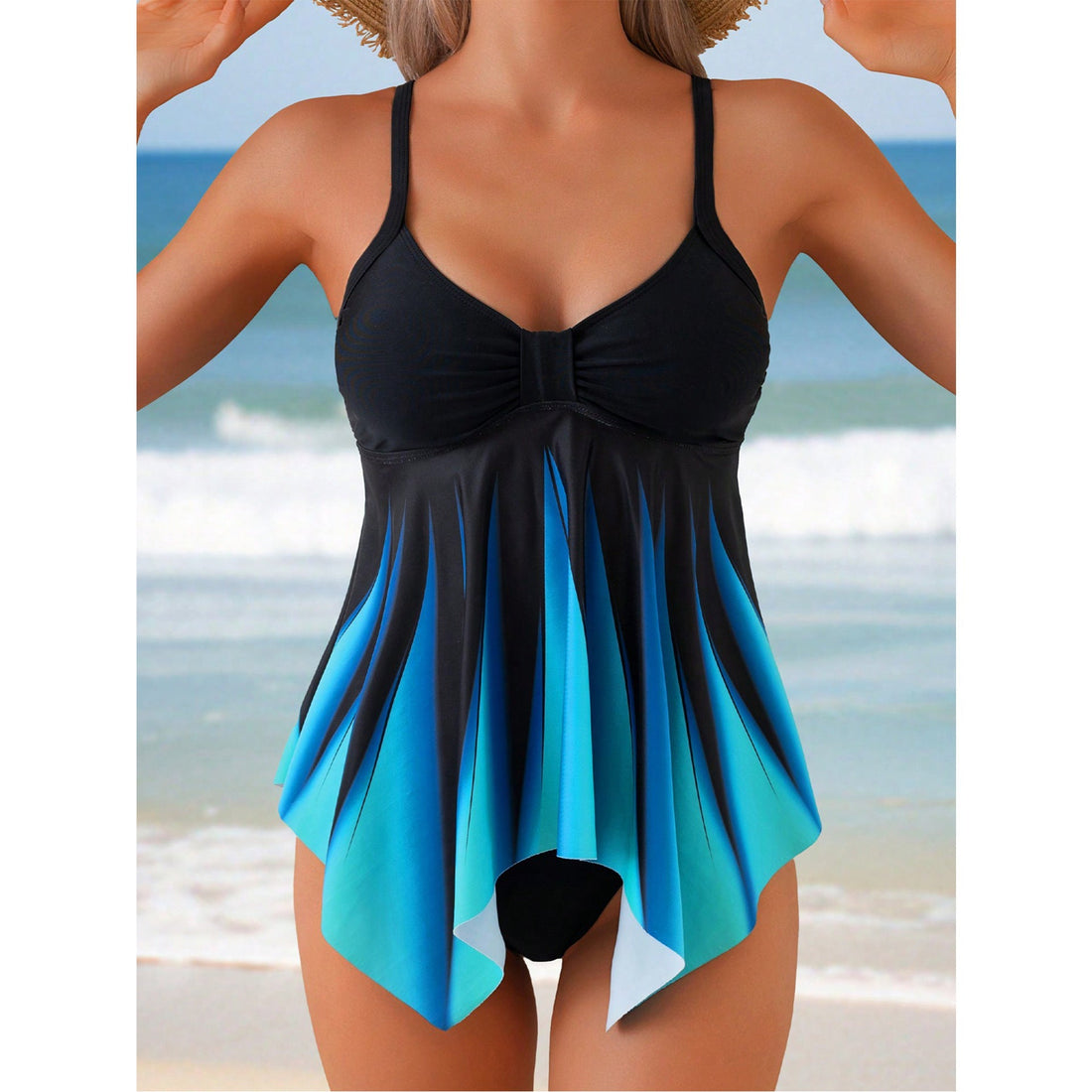 Ruched Bust Asymmetrical Hem Tankini Top