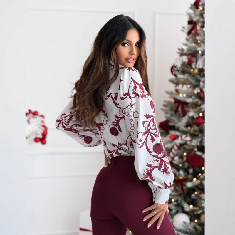 Women's Shirt with Long Sleeves – Slim Fit – Patterned Design – Bow Collar