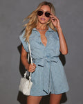 Women's Playsuit – Denim – Loose Fit – Short Sleeves – Waistband – Button Closure