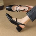 Women's Slingback Heels – Imitation Leather – Block Heel – Square Toe – Studded Strap