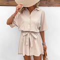 Women's Romper – Short-Sleeved – Light Cotton – Belt at Waist – Button Closure
