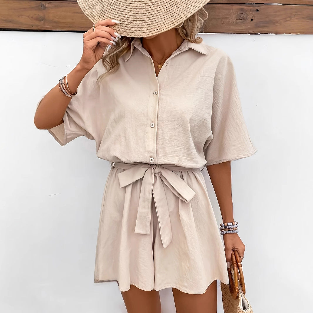 Women's Romper – Short-Sleeved – Light Cotton – Belt at Waist – Button Closure