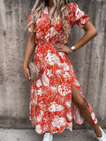 Women's Maxi Dress – V-Neck – Short Sleeve – Floral Print – Elastic Waist – Slit