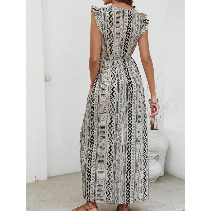 Geometric Print Ruffle Cap Sleeve Maxi Dress
