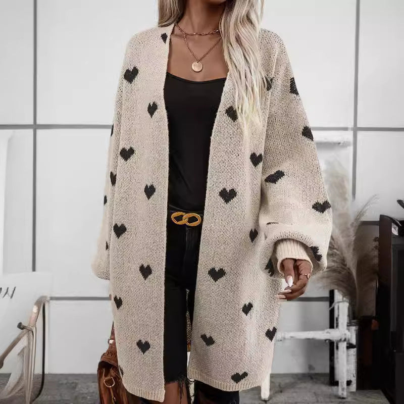 Heart Pattern Oversized Long Knit Cardigan