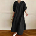Women's Long Dress – Cotton Linen Mix – Oversize Fit – V-neck – Long Puff Sleeves