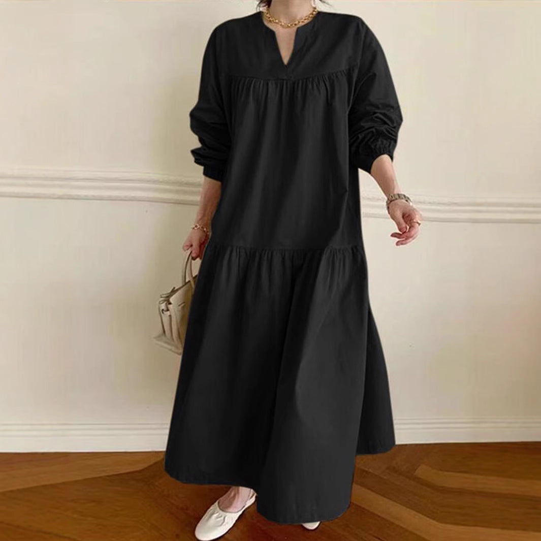 Women's Long Dress – Cotton Linen Mix – Oversize Fit – V-neck – Long Puff Sleeves