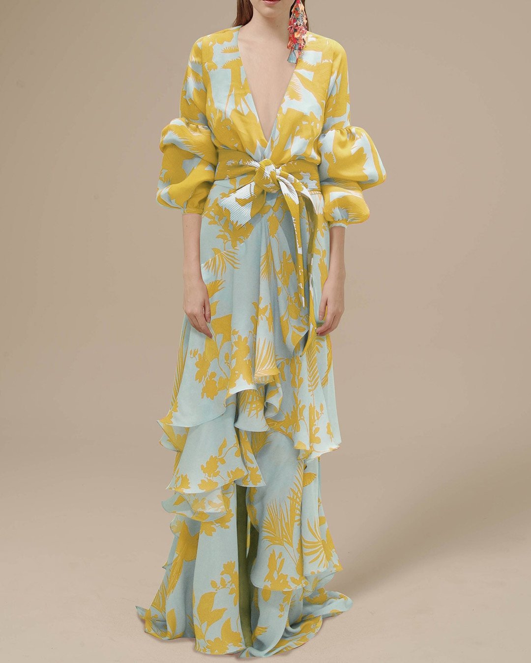 Printed Chiffon Belted Ruffle Maxi Dress