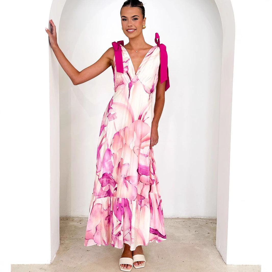 Light Fabric Printed Tie Strap Maxi Dress