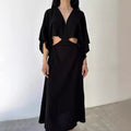 Women's Maxi Dress – Slim Fit – Cotton Linen Blend – V-Neck – High Slit – Cut-Out Waist